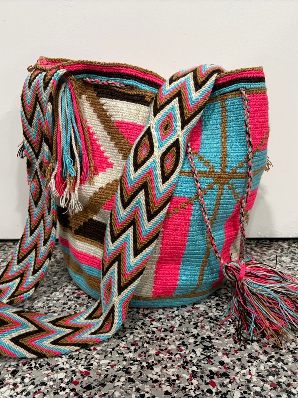 Handwoven Pink & Turquoise Crossbody Bucket Bag with Geometric Strap